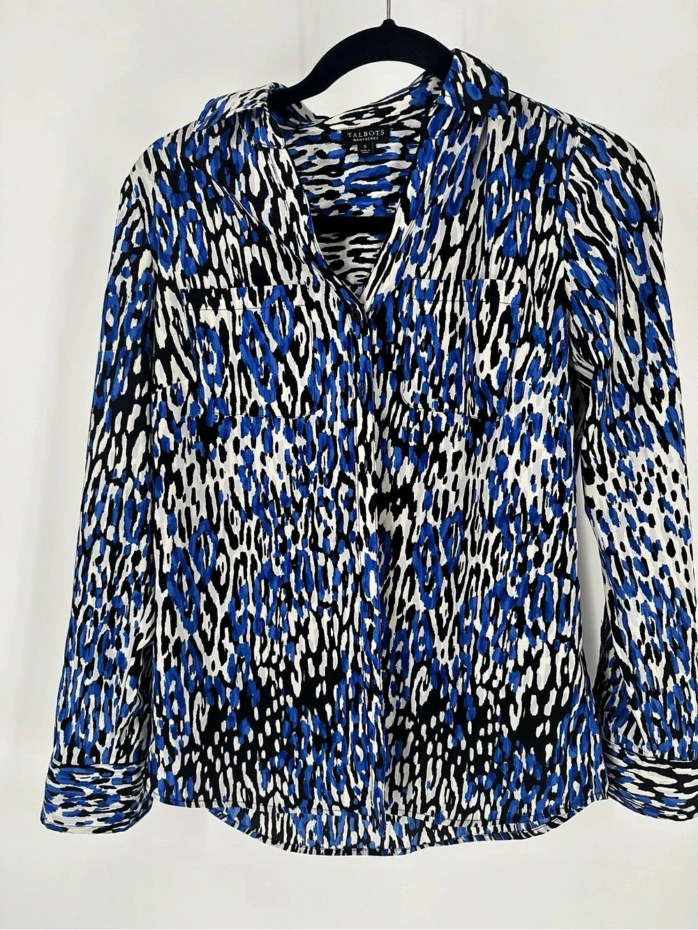 Talbots Animal Print Blouse in Blue & Black Size Small Like New